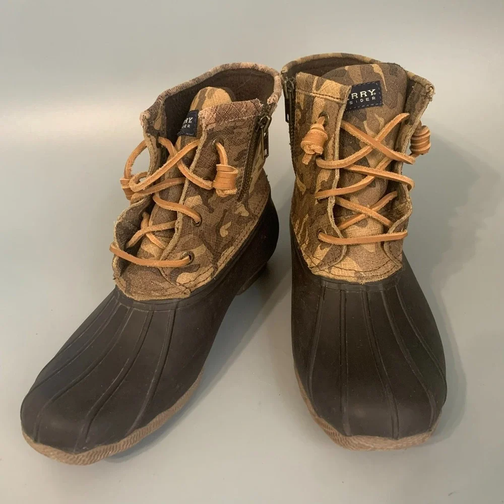 Sperry Top-Sider Saltwater Duck Boots Womens Brown Camo Waterproof Rain Boots